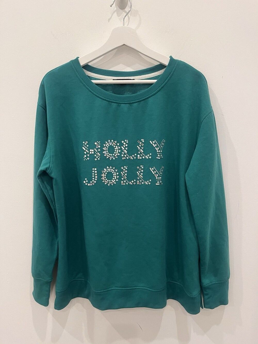 Jane and Delancey Green Sweatshirt Holly Jolly Embellished Festive Comfy Large